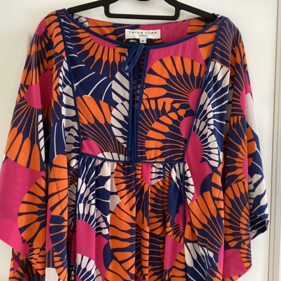 Trina Turk Dress 100% Silk Multicolor Kaftan Tunic Mini Dress Square Tie Neck - Picture 3 of 11